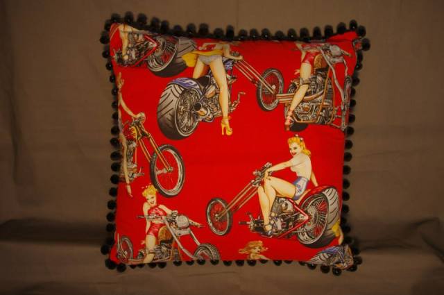 Red Motorbike Retro Cushion with Pin-Up Girls