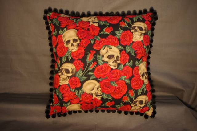 Skulls and Roses Red Retro Cushion